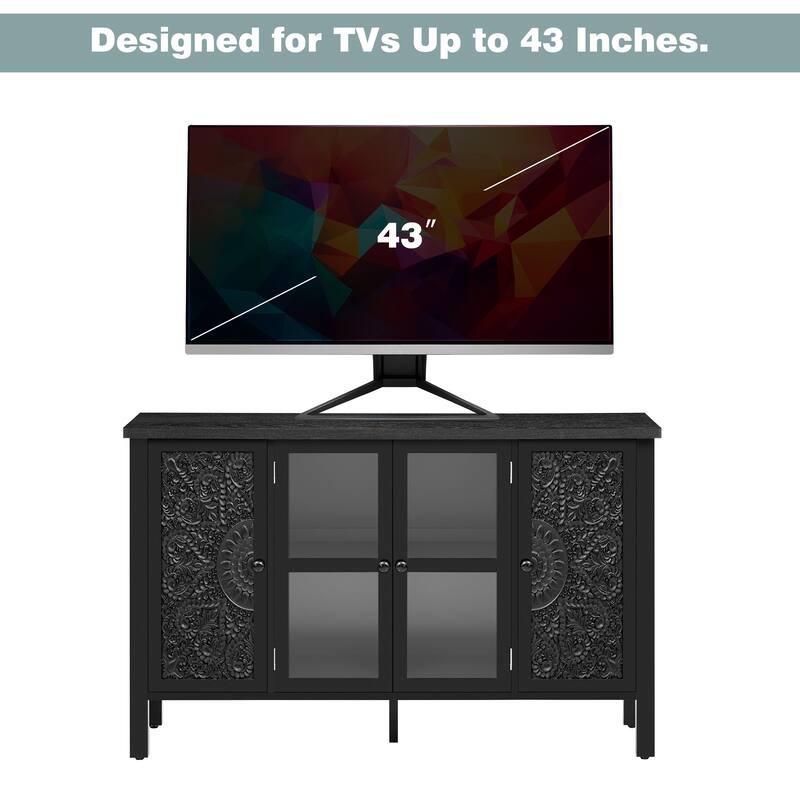 47.2'' Retro TV Stand with Adjustable Shelves, Entertainment Center Media Console with Glass Cabinet Doors & Anti-tip Device