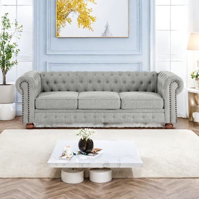88.5" Linen 3-Seater Sofa with Nailhead Accents, Solid Wood Frame for Living Room