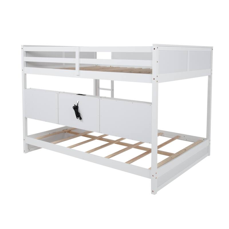Queen Over Queen Bunk Bed with Built-in Storage Cabinets,Charging Station,Ladder,Safety Guardrails
