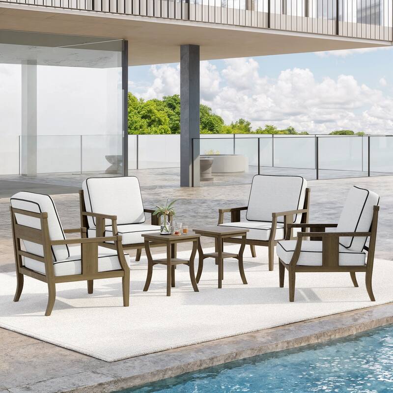 6-Piece Outdoor Teak Seating Set Armchair Patio Conversation Sets with 2 Tables, Cushion - Natural Wood - Beige