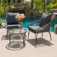BELLEZE 3 PC Wicker Set Outdoor Chairs Shelf Round Glass Table Wicker Plush Cushioned