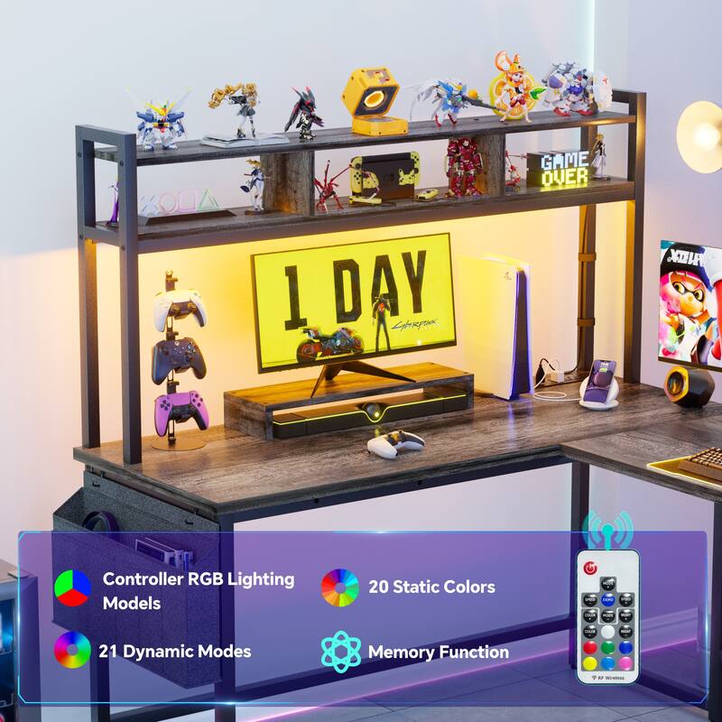 Reversible L-Shaped Desk with Storage Shelves and Hutch, Corner Desk with Charging Station and RGB LED Lights