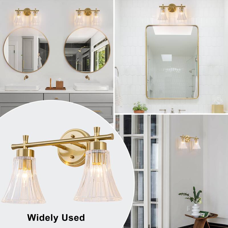Gold Metal Wall Sconce Ribbed Trumpet Glass Shade for Bathroom Vanity