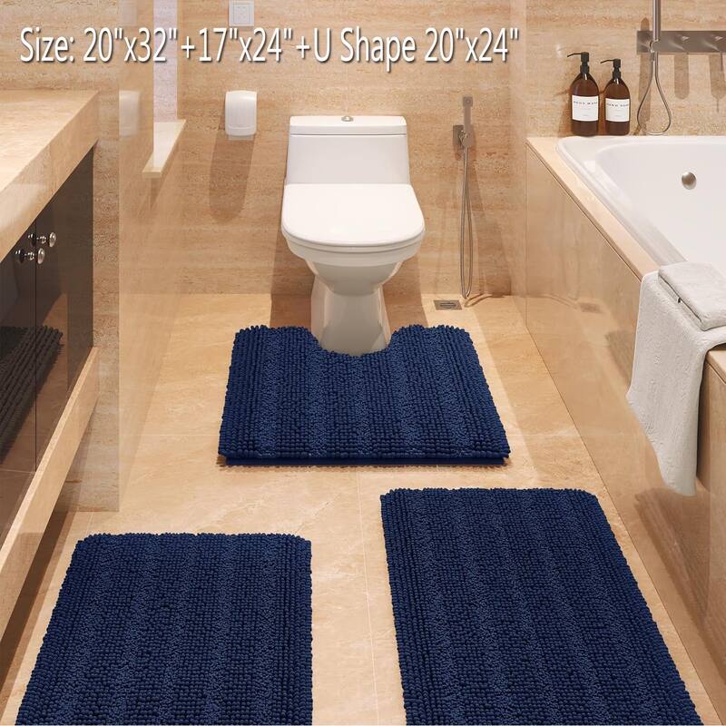 Ultra Soft Striped Non Slip Chenille Bathroom Rug Set 3 Pieces - 20"x32"+17"x24"+U Shape 20"x24" - Navy Blue