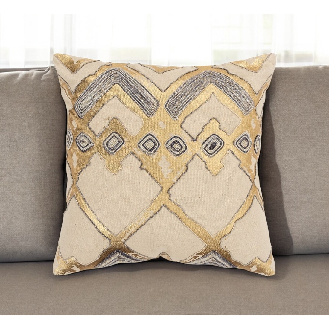 HomeRoots Beige Gold Foil Distressed Modern Throw Pillow