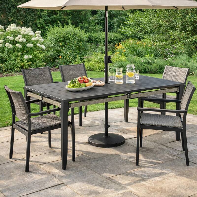 Hosa 66 Inch Outdoor Dining Table, Rectangular Slatted Top, Gray Rope Apron