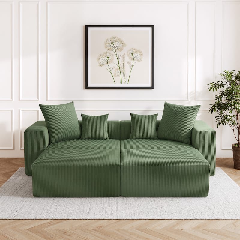 Corduroy Upholstered Modular Sectional Sofa with Ottoman - Green-4 piece - Symmetrical