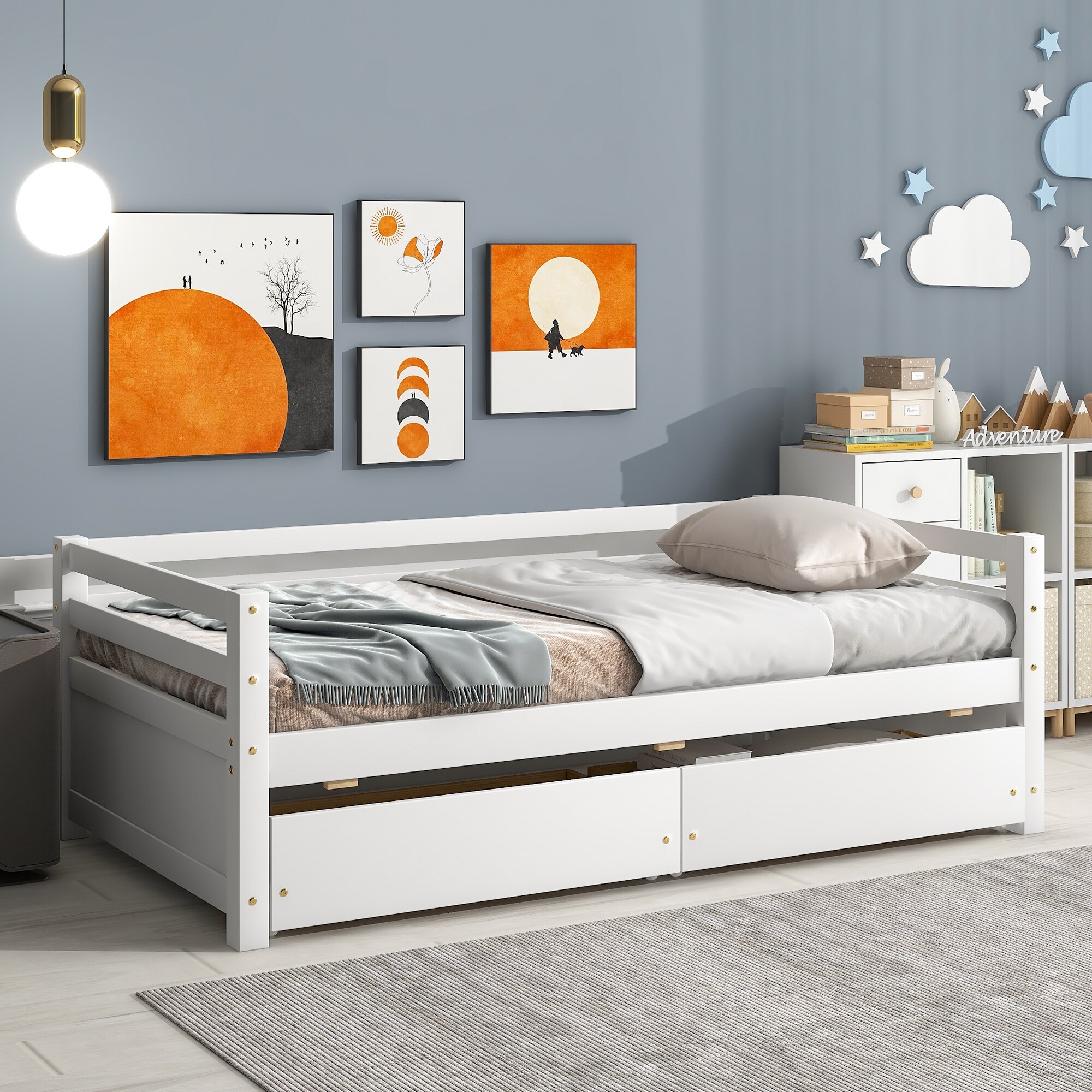 Twin Size Upholstered Daybed w Drawers Storage Platform Bed Frame for Kids Teens Girls Boys Easy Assembly Space Saving White