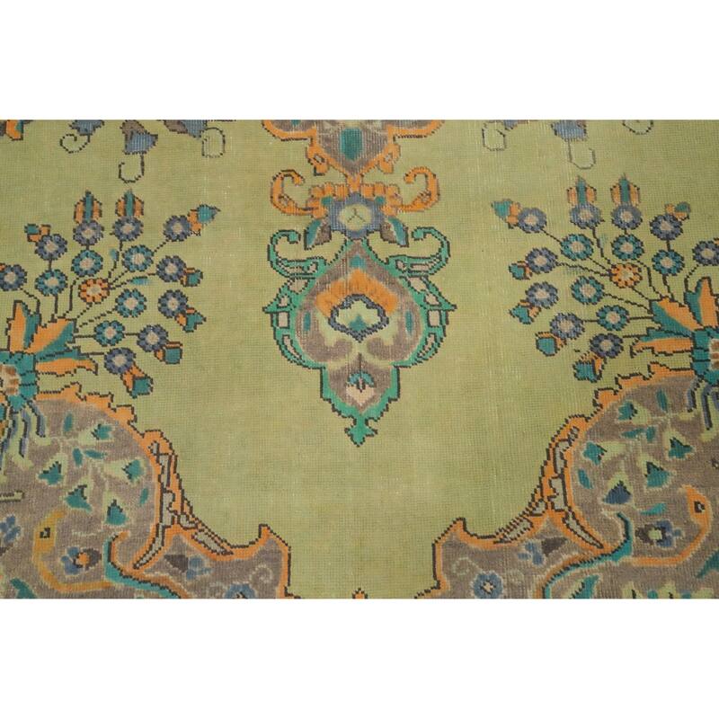 Hand Knotted Oriental 100% Wool Carpet Traditional Floral Green Tabriz Area Rug - 12' 4'' X 9' 5''