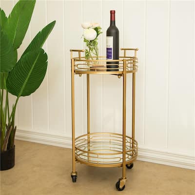 Glitzhome 30"H Deluxe 2-Tier Metal Round Mirrored Bar Cart