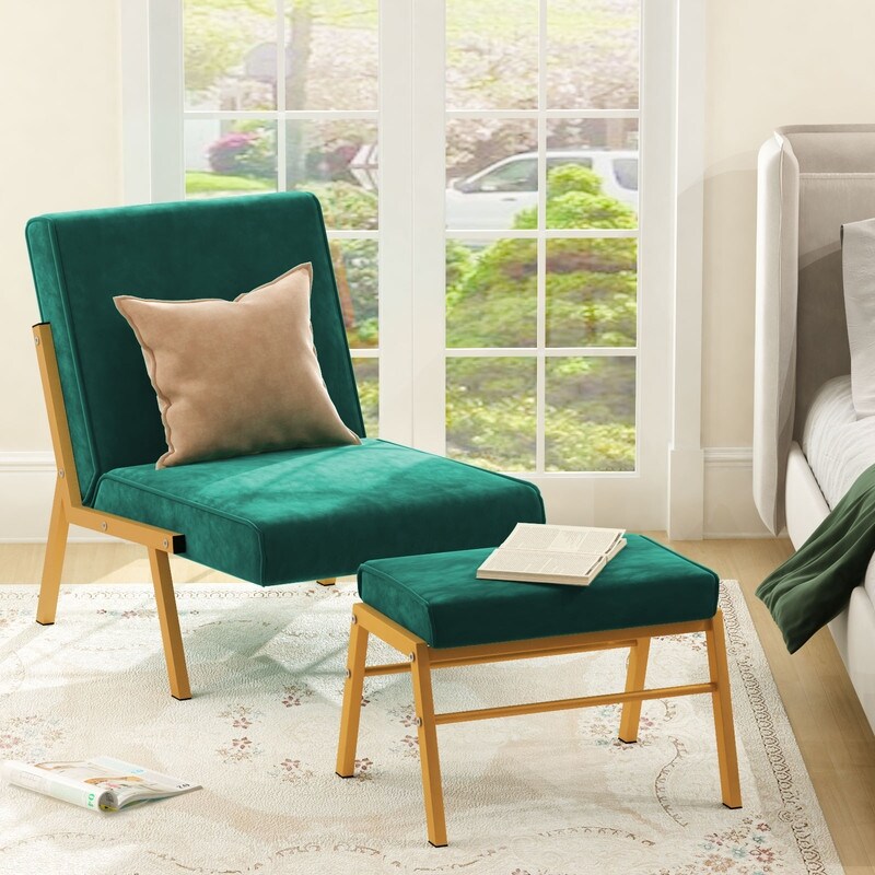Modern Comfortable Velvet Chair and Footrest Ottoman Set Lounge
