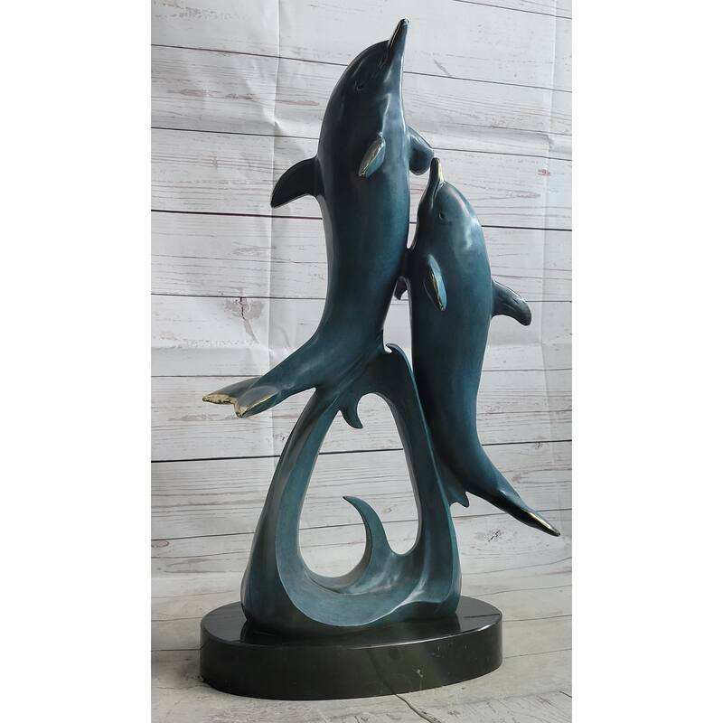 Hot Cast Bronze Leaping Imitative Dolphins Marine Life Sculpture Statue Decor Original Art