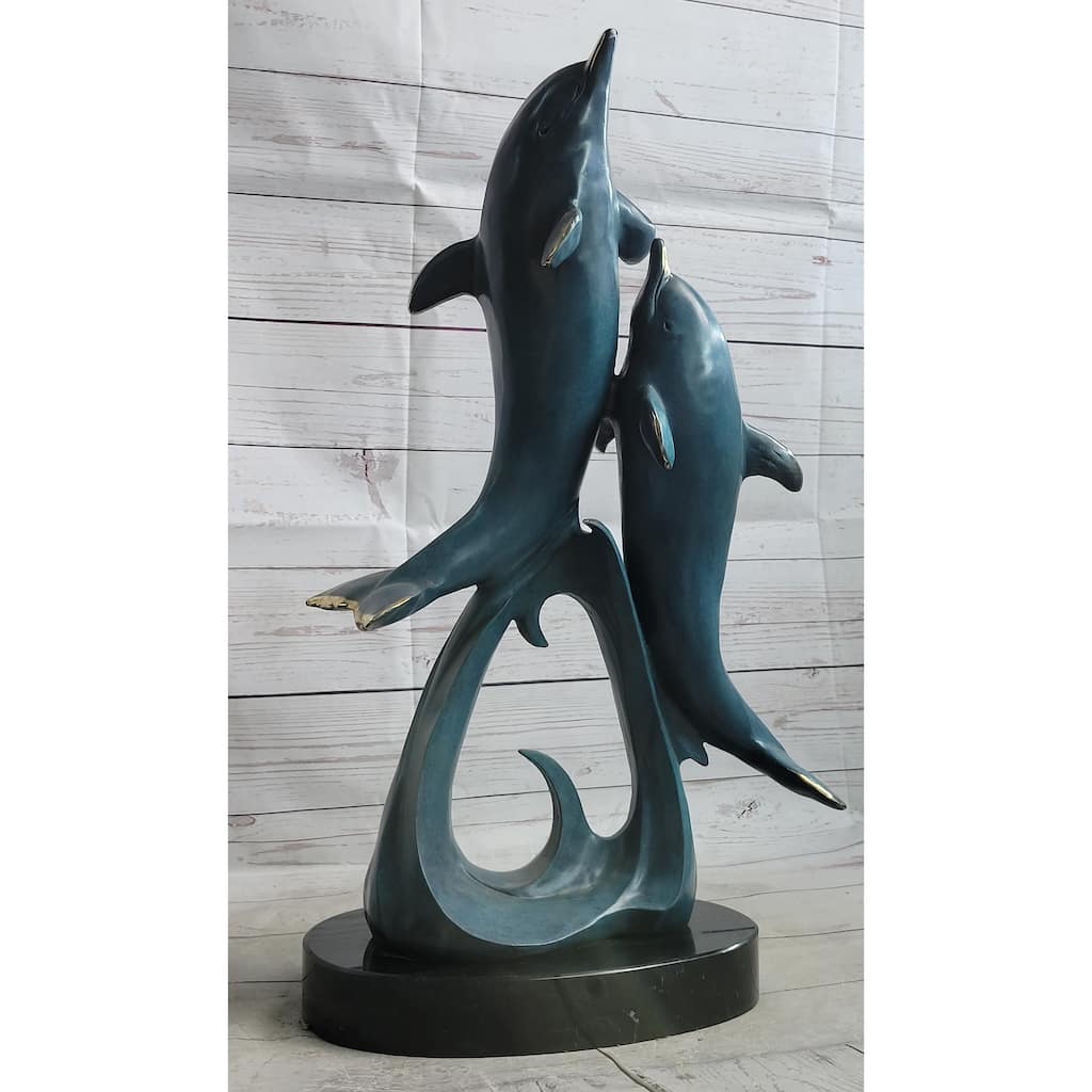 Hot Cast Bronze Leaping Imitative Dolphins Marine Life Sculpture Statue Decor Original Art