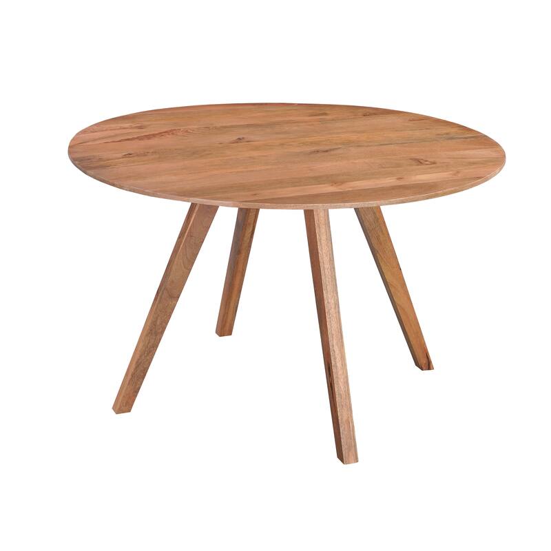 Temi Dining Table 47" Round Top Handmade Natural Brown Mango Wood Angled Four Legged Base
