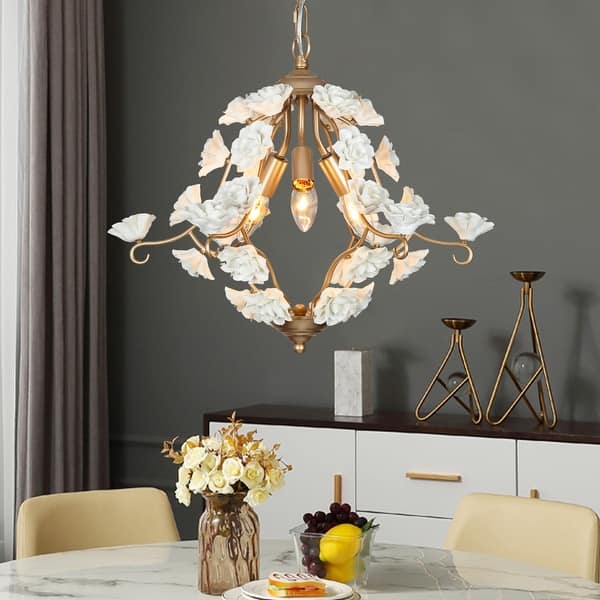 slide 1 of 13, Modern Statement 3 Lights Ceramic Chandeliers Porcelain Flower Lantern Lighting - D 18'' x H 76'' D 18'' x H 76'' - Cream Flower