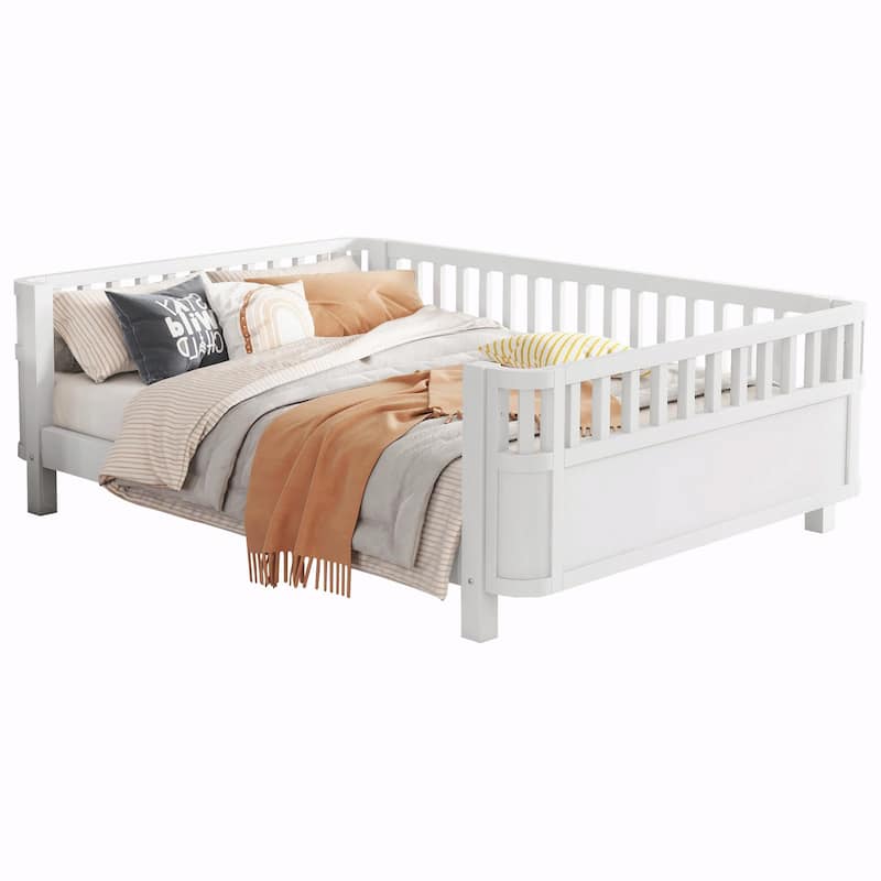 Wood Platform Bed for Kids, Low Profile Wooden Full Bed with Rails