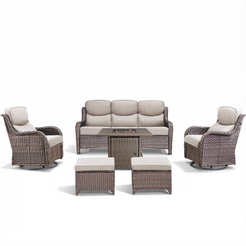 Pocassy Outdoor Propane Fire Pit Table with Sofa Swivel Chair Funiture Set.