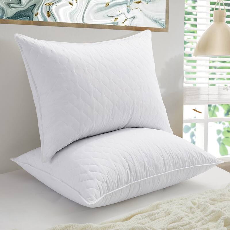 Medium Goose Feather Down Pillow with Quilted Cotton Cover Set of 2 - White - Medium-Soft - Standard