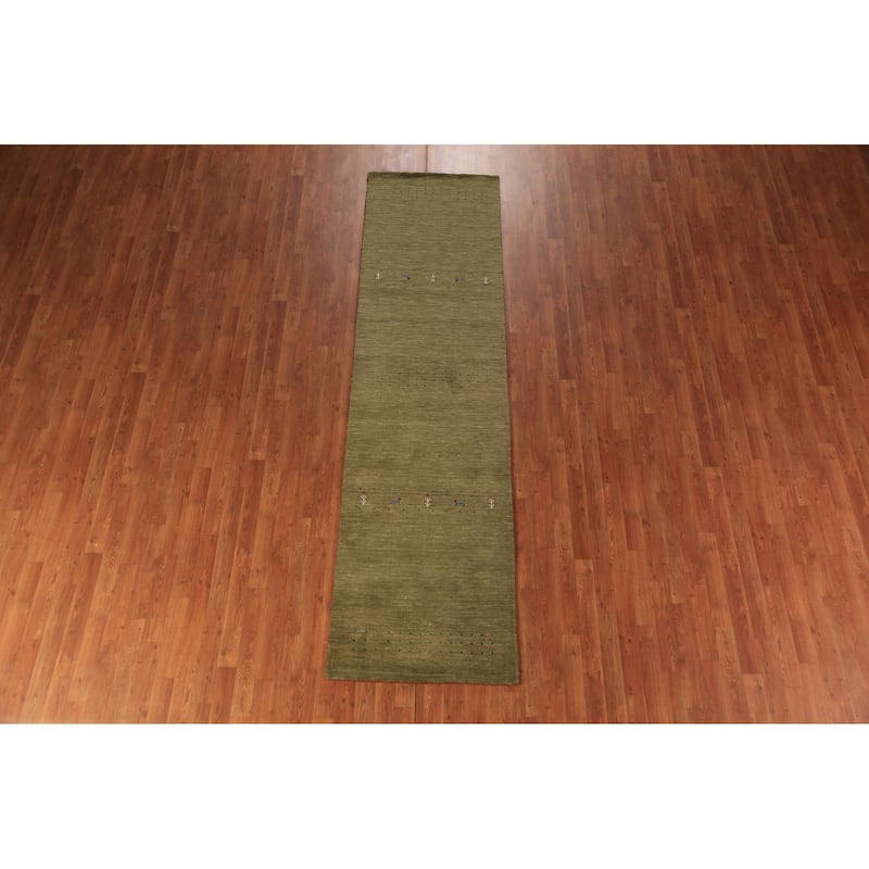 Green Gabbeh Oriental Runner Rug Hand-Knotted Wool Carpet - 2'8" x 10'1"