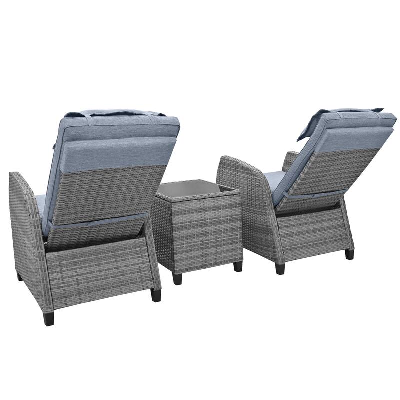 3-Piece Outdoor Patio Wicker Recliner Chair Set with Tempered Glass Table