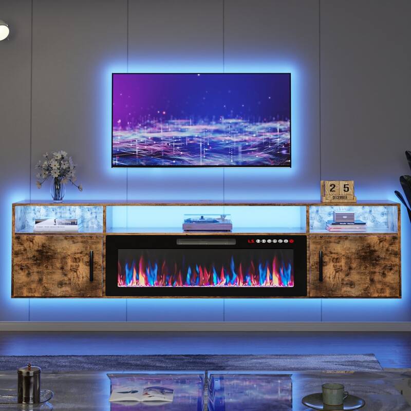 BOSSIN 70" Floating TV Stand with 36" Electric Fireplace, High Gloss Finish Wall Mounted Fireplace TV Stand with Storage