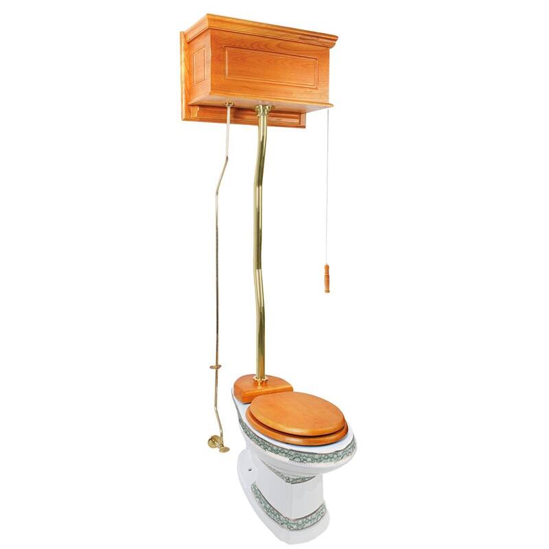 Light Oak Wooden High Tank Toilet Raised Tank 59" to 74" Brass Z Pipe and Elongated White Bowl