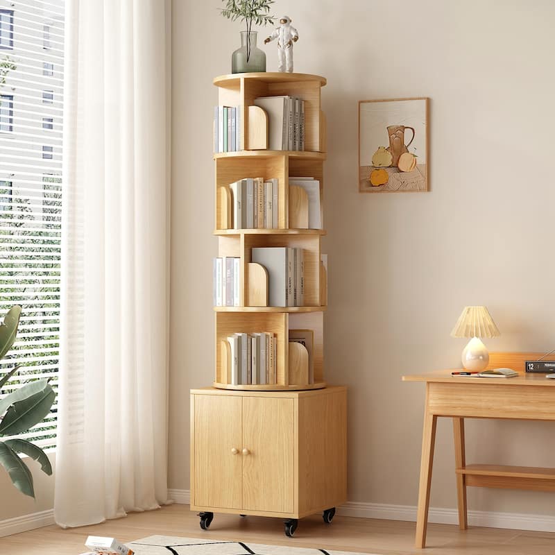 Anmytek 360 Rotating Corner Bookshelf with Wheels Space Saving Storage for Small Rooms