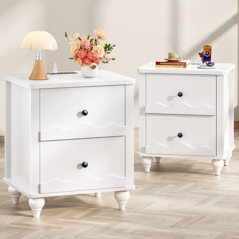 Modern Nightstand with Charging Station, Side End Table with 2 Drawers - White - 4-drawer