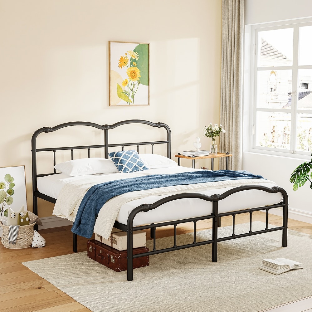 Heavy Duty Anti-Sway 18 Inch High Steel Tube Iron Bed, Double Wave Headboard And Footboard