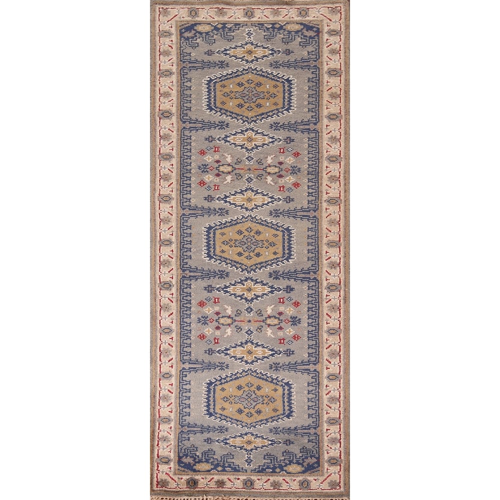 Gray Geometric Viss Oriental Runner Rug Hand-Knotted Wool Carpet - 2'7"x 8'0"