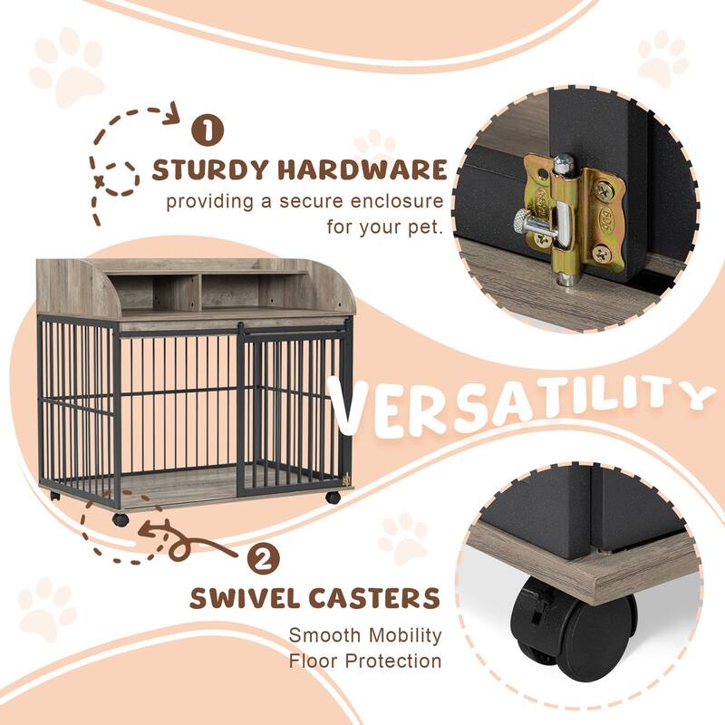 44" Heavy Duty Dog Crate Furniture with Lockable Wheels, Storage & Sliding Door for Medium to Large Dogs