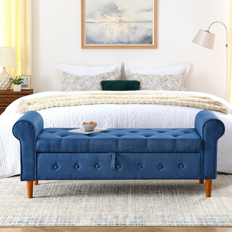 Rolled Arm Tufted Storage Bench, Modern 62" Upholstered Ottoman Window Bench with Wooden Legs for Bedroom, Entryway - Blue