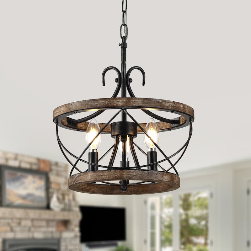 Bella Depot 5-Light Rustic Cage Wood Chandelier Dimmable Lighting, 15.7" Adjustable Farmhouse Pendant Light for Kitchen Island - 13"x13" - Distressed Wood