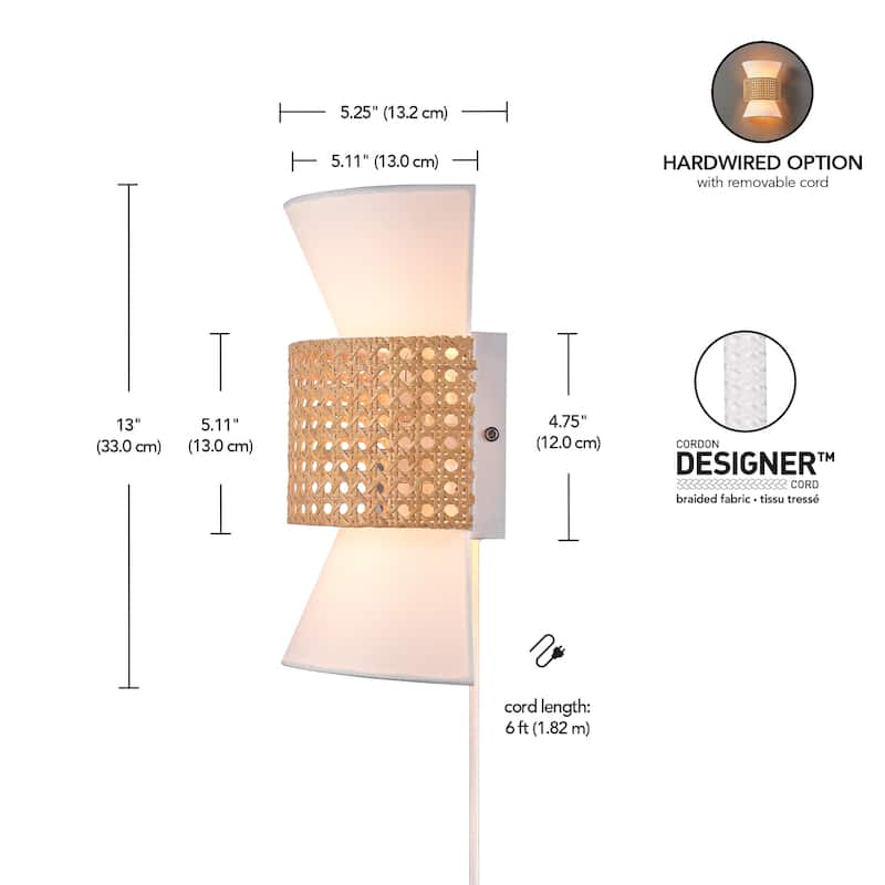 Ayla 2-Light Plug-In or Hardwire Wall Sconce with White Fabric Shade and Rattan Accent - one size