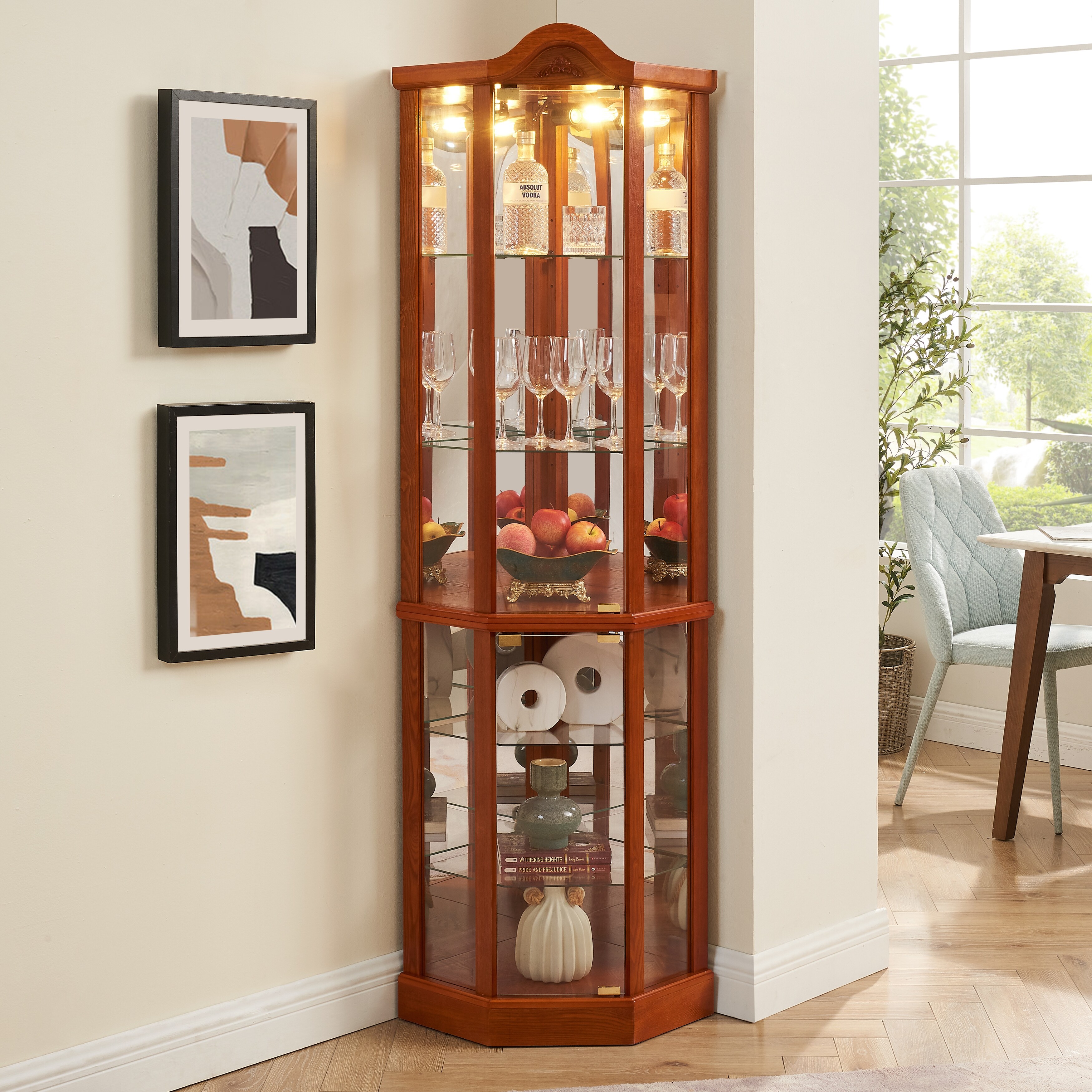 Antique Glass Curio Cabinet with Shelves & Lighting - Oak - Bed