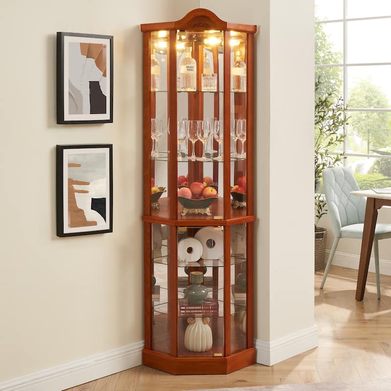Roomfitters Wooden Corner Display Curio Cabinet, Lighted China Cabinet with Tempered Glass Door