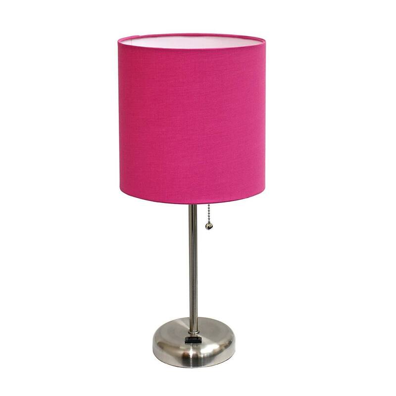19.5 in. Brushed Steel Finish Table Lamp with Pink Shade, Durable Stick Lamp for End/Side Tables
