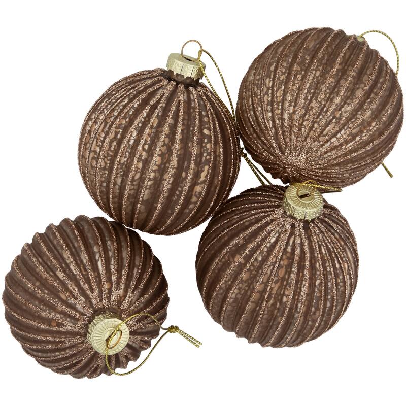 4ct Champagne Chocolate Glittered Ball Christmas Ornaments 3" 80mm