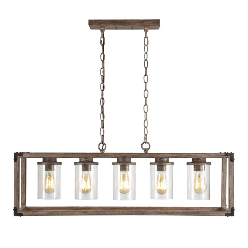 Darlene 36" 5-Light Linear Adjustable Iron/Seeded Glass Rustic Farmhouse LED Pendant, Brown by JONATHAN Y