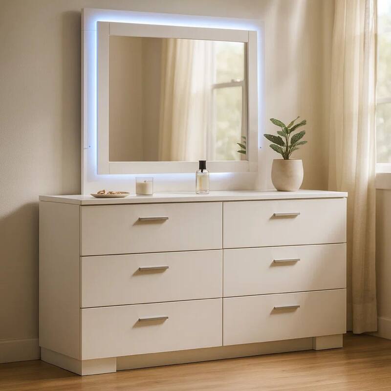 Sok Wide Dresser with LED Mirror, 6 Drawers, White High Gloss Finish