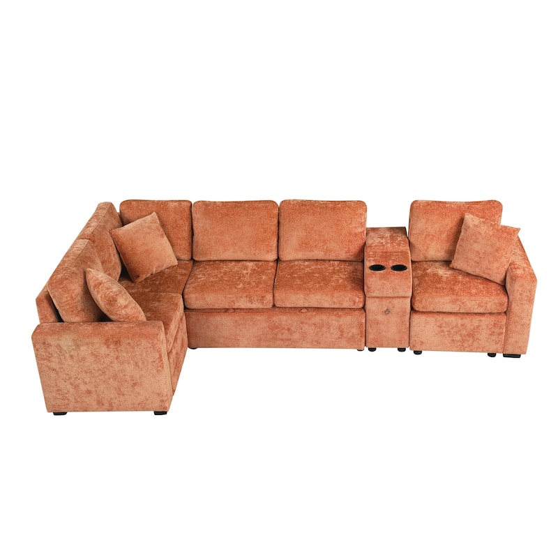L-Shaped Modular Sectional Sofa with Pull-Out Bed, Chenille Convertible Sleeper Sofa Bed with Cup Holders & Multiple Storage