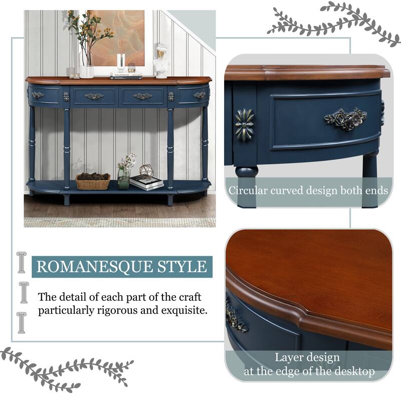 Anmytek Retro Curved Wood Console Table, Navy Blue Wood Top Solid Wood Entry Table with Open Shelf and 2 Drawers