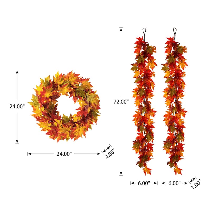 Glitzhome LED Lighted Fall Maple Leaves Wreath/Garland with Timer