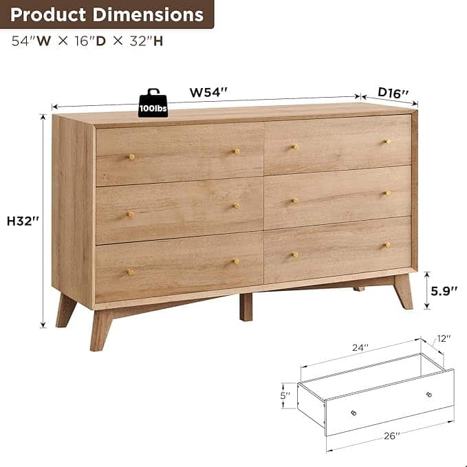 Mid Century Modern 6 Drawer Wood Dresser, Chest of Drawers, TV Stand