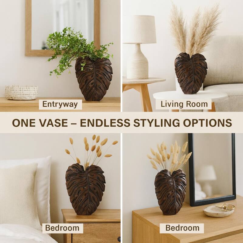 Philo Leaf Brown Textured Polyresin Vase with Botanical Design Accents