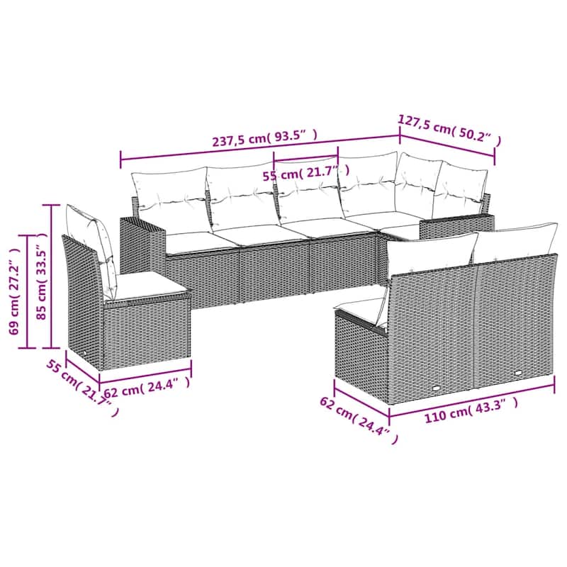 vidaXL Patio Sofa Set with Cushions Outdoor Conversation Furniture Poly Rattan - 25.8" x 24.4" x 27.2"