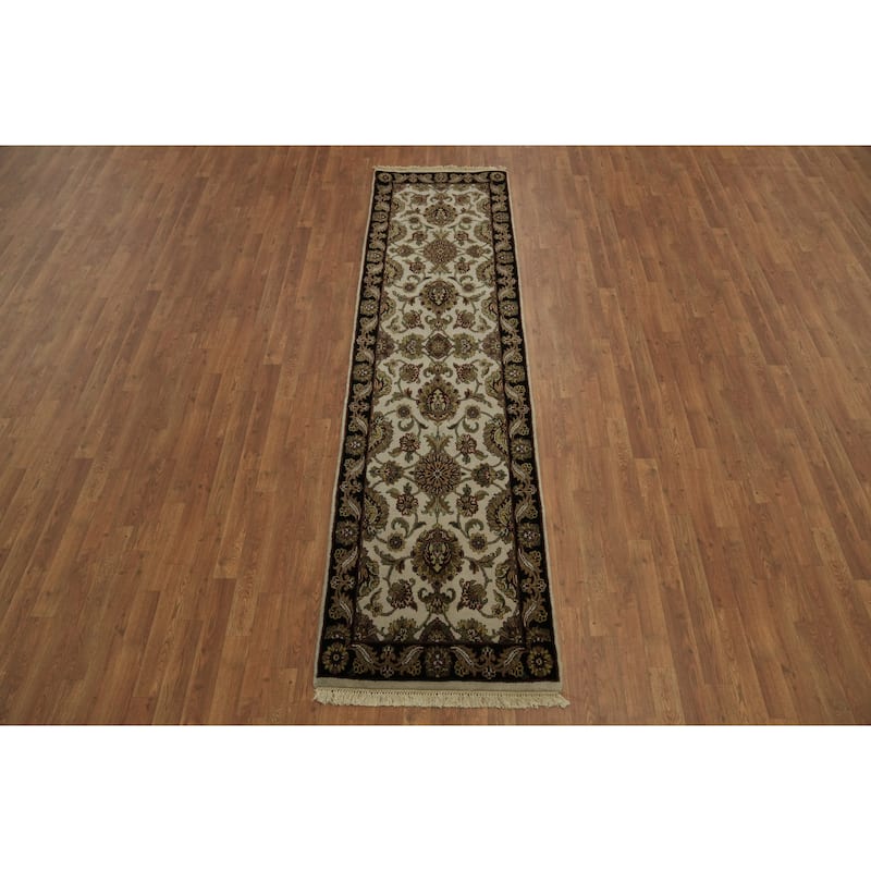 Hand Knotted Oriental 100% Wool Carpet Traditional All-Over Beige & Ivories Agra Runner Rug - 9' 6'' X 2' 6''