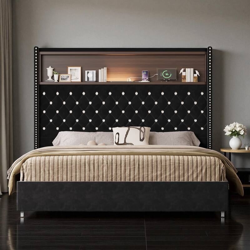 Full/Queen Velvet Tufted Bed Frame with 52" Wingback Headboard, USB Port, Night Light, Rivet Trim & Headboard Shelf