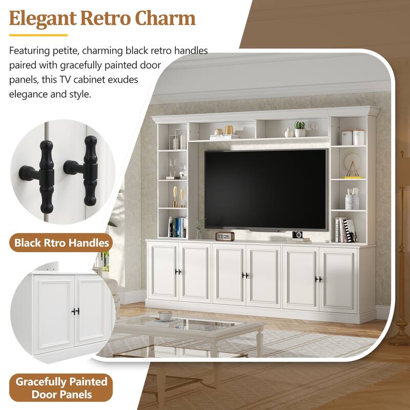 4-Piece Wall Unit Entertainment Center with Bookshelf for TVs Up to 70", Mid-Century Modern 97.4" TV Stand with Adjustable Shelf