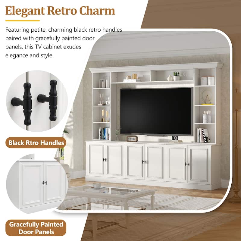 97.4"W Mid-Century TV Stand with Bookshelves, Adjustable Shelf & Bridge - Entertainment Center for TVs Up to 70"
